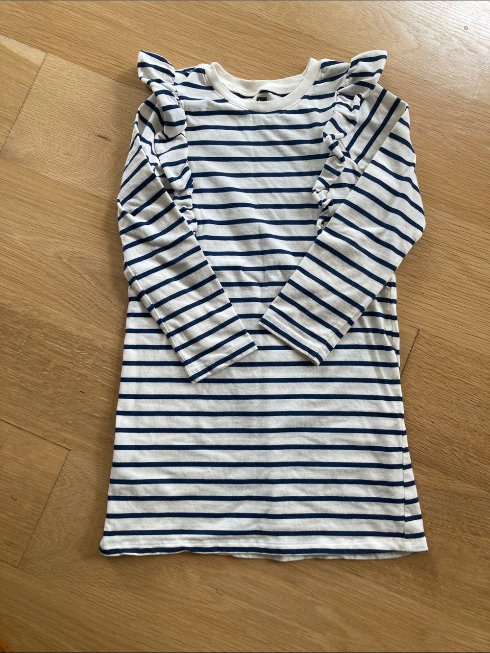 TEA - Girls' Navy Stripe Ruffle Shoulder Long Sleeve Tee Dress size 6